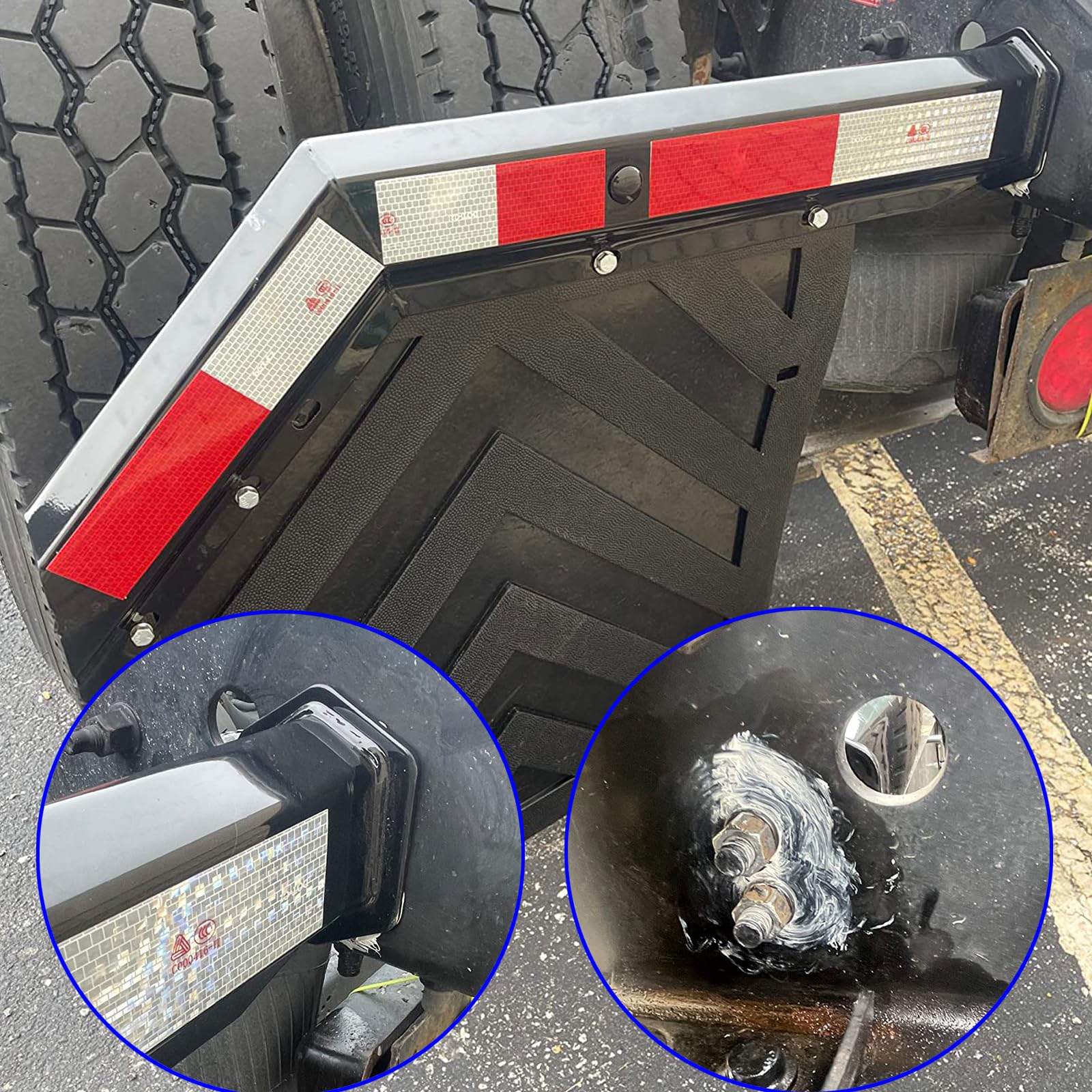 GaeaAuto mudflap hanger mounted on a semi truck demonstrating real-world fit and visibility improvement