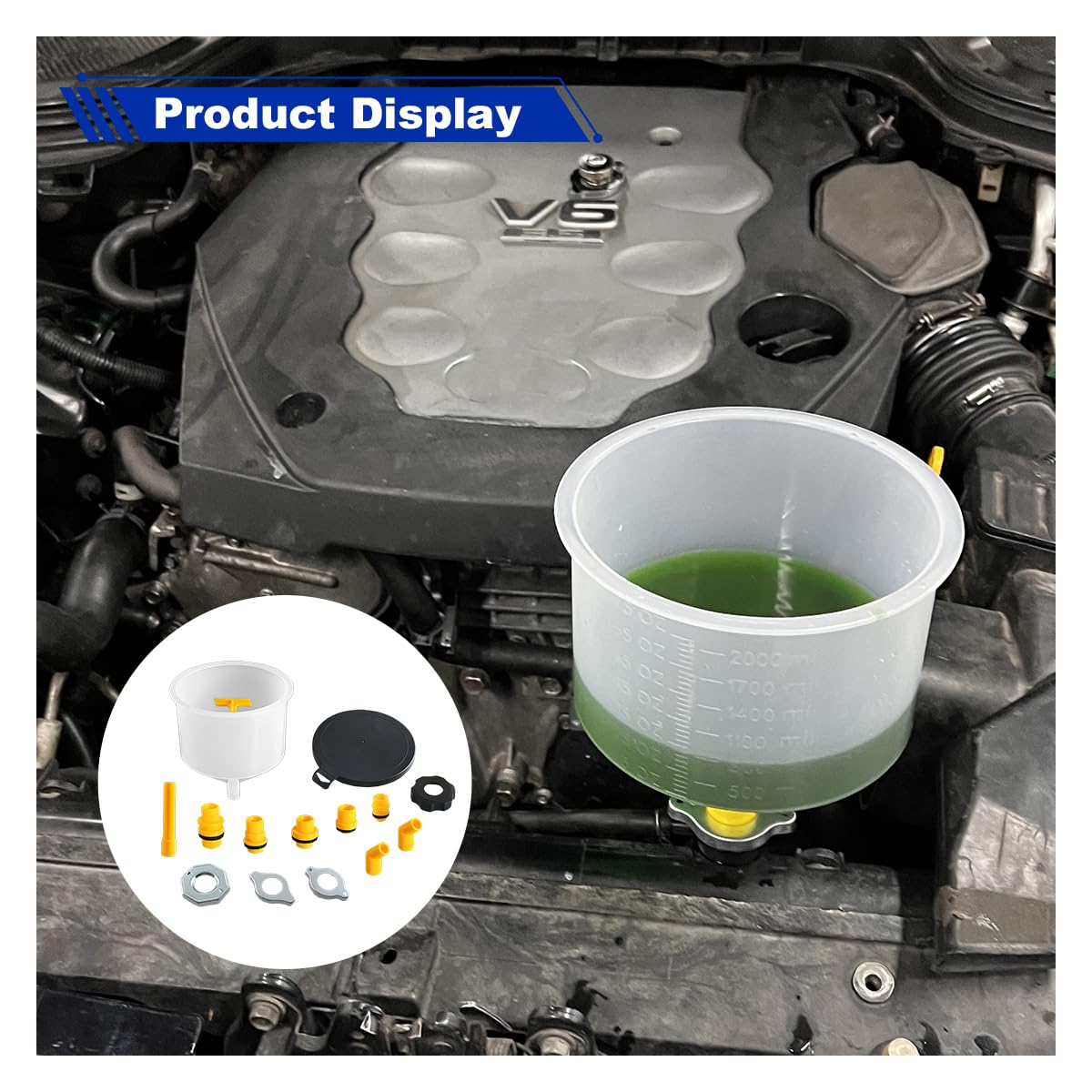 GAOLAOSY funnel in use on a car radiator demonstrating no-spill filling and safer handling