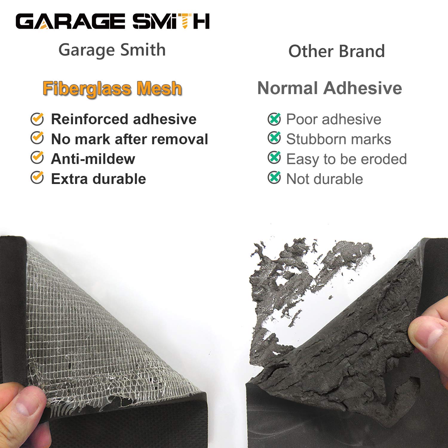 Garage Smith adhesive backing with fiberglass mesh for secure removal benefit