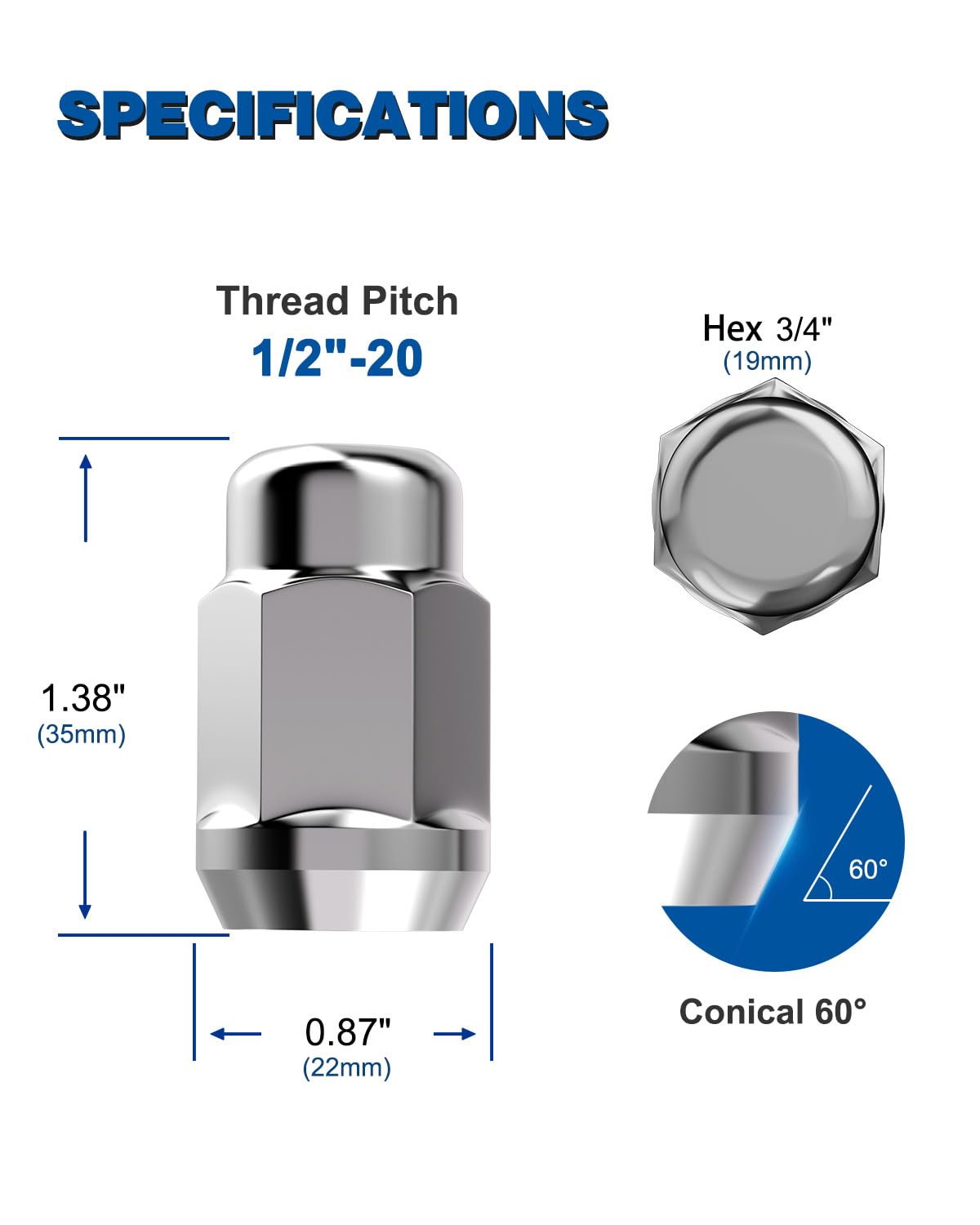 GAsupply close-up showing threads and 60° cone seat for precise wheel centering