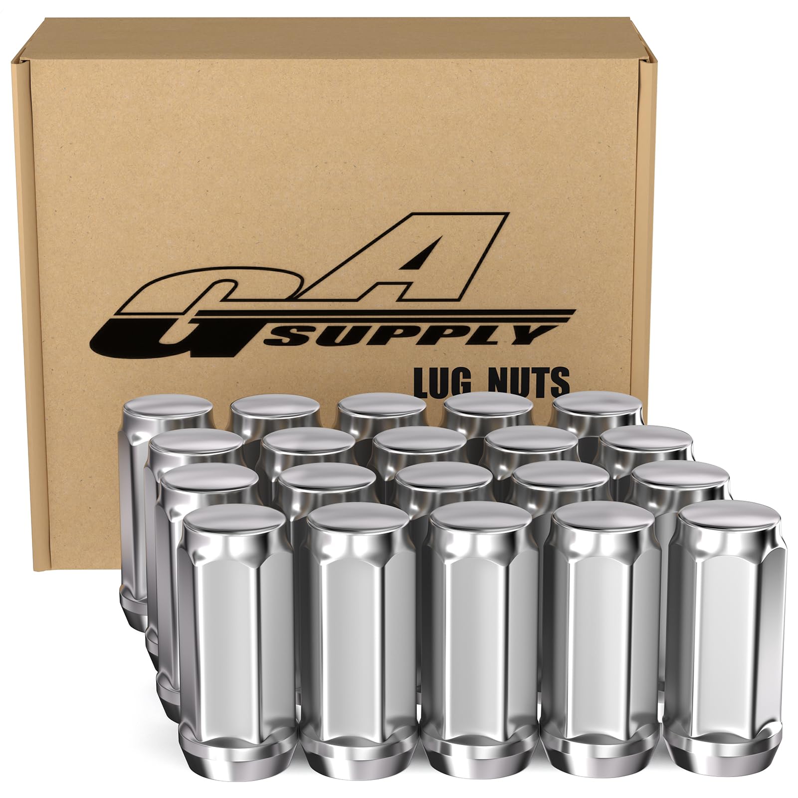 GAsupply front packaging showing 20 chrome lug nuts and durable box