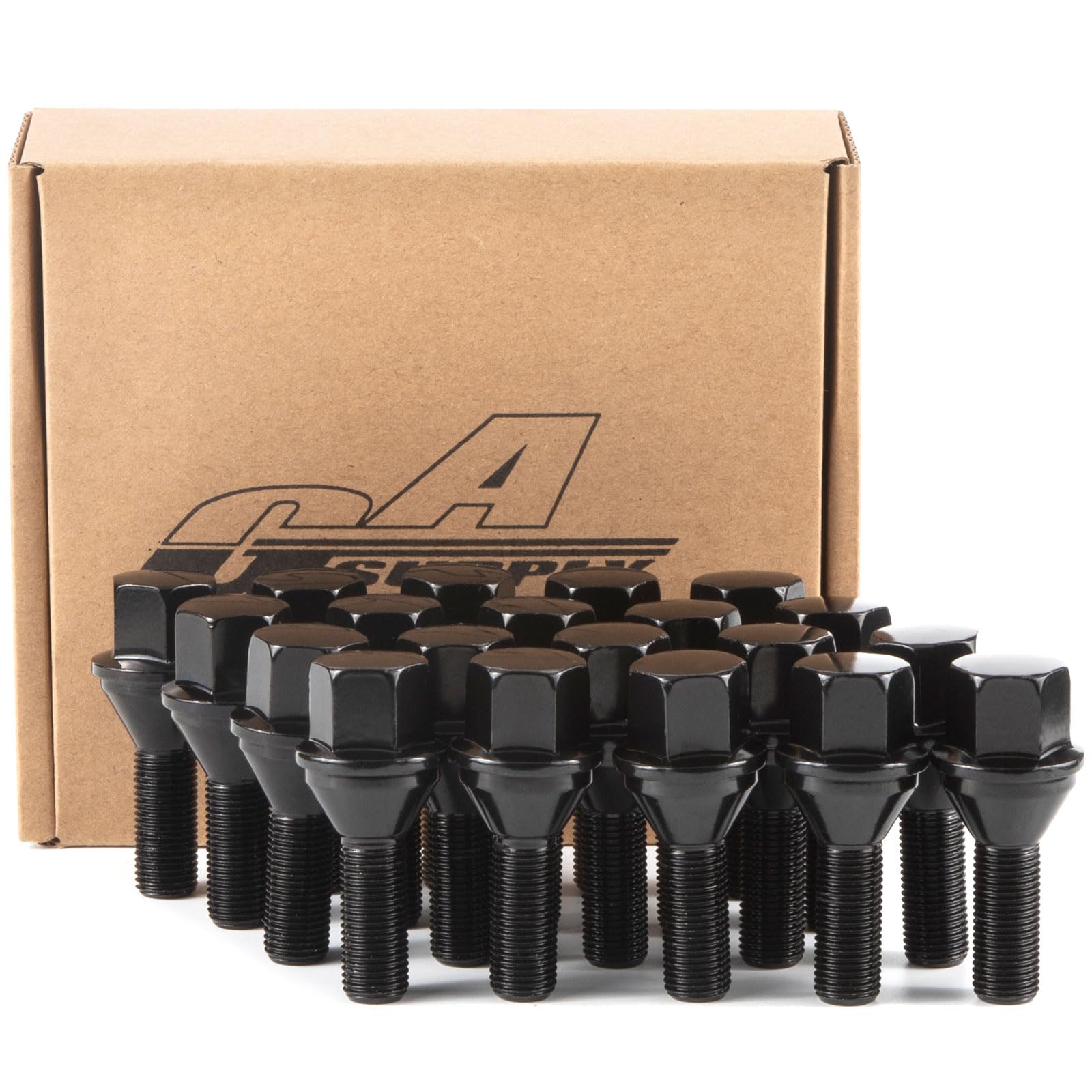 GAsupply front view of 20 black lug bolts showing full set and OEM style, reliable fit