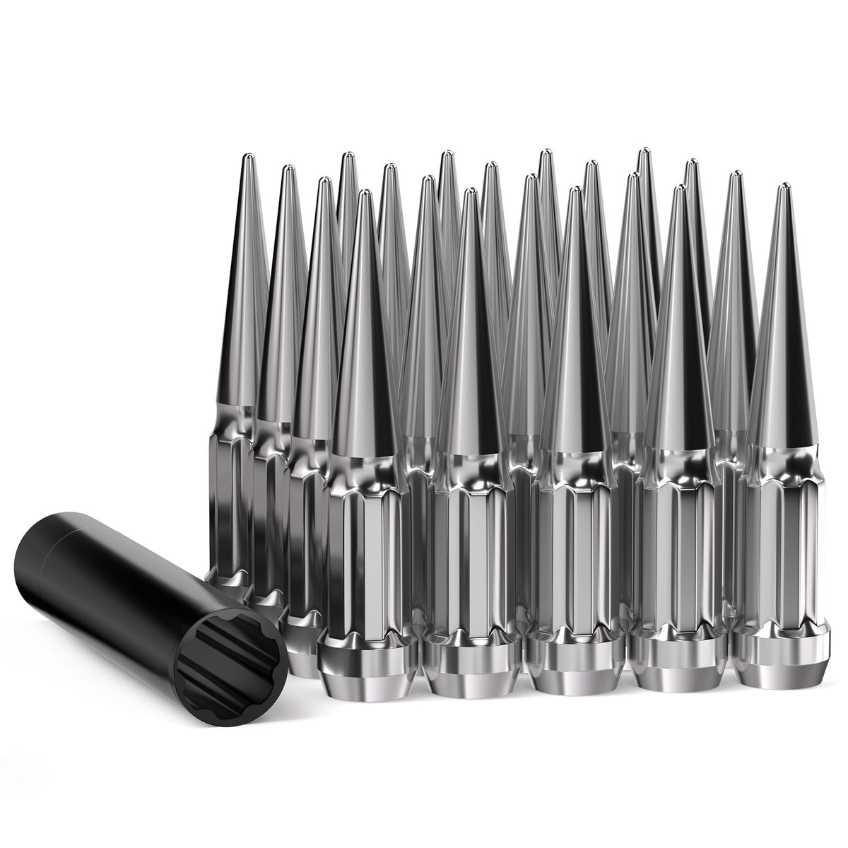 GAsupply chrome spike lug nuts front packaging showing complete 20-piece set and key benefit: ready-to-install