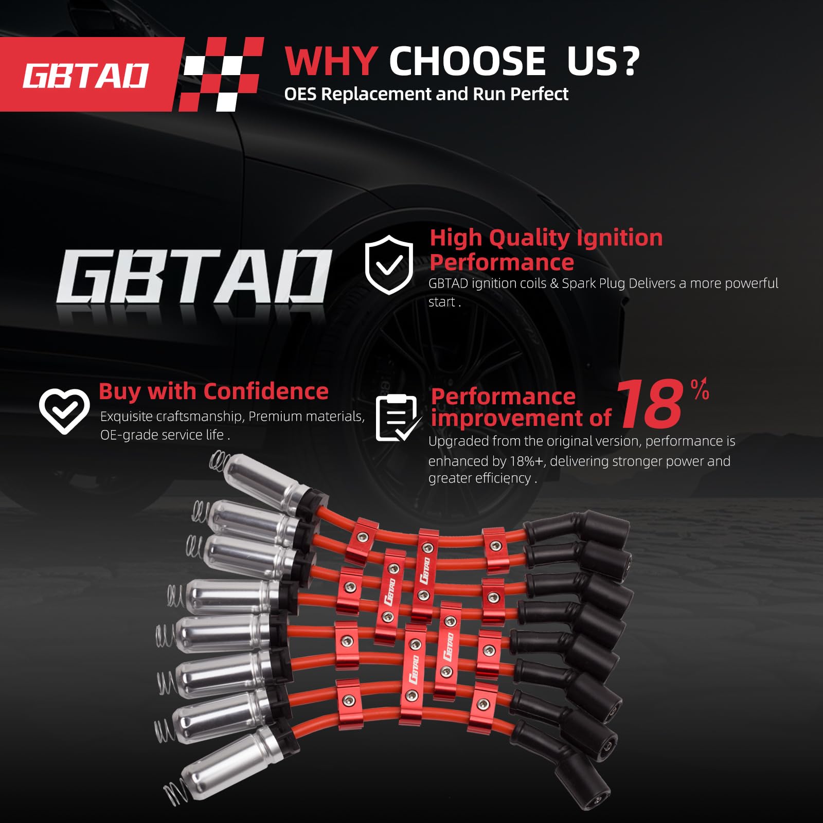 GBTAD iridium spark plug wire harness full length for clean routing