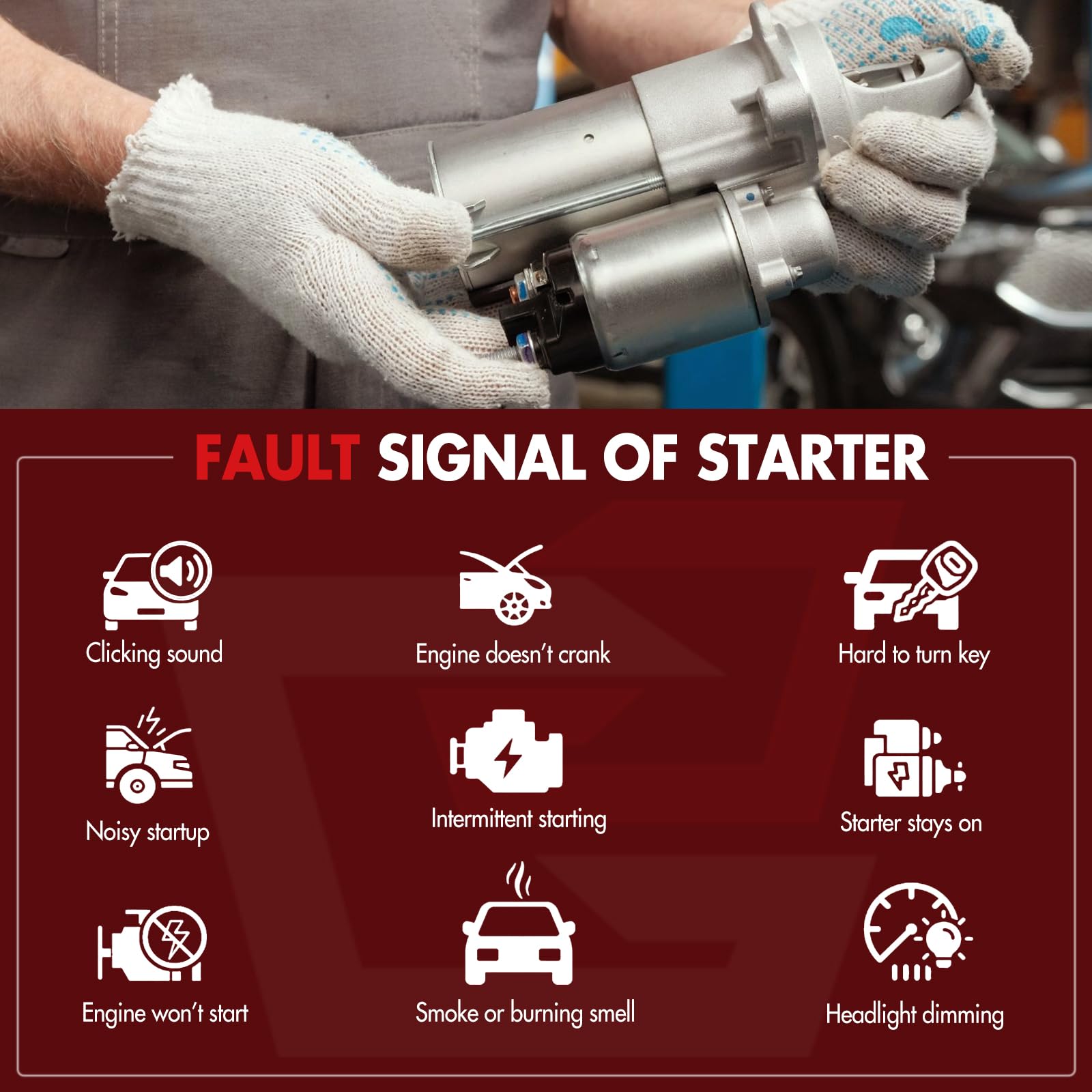 GDSMOTU starter installed in engine bay demonstrating direct-replacement compatibility