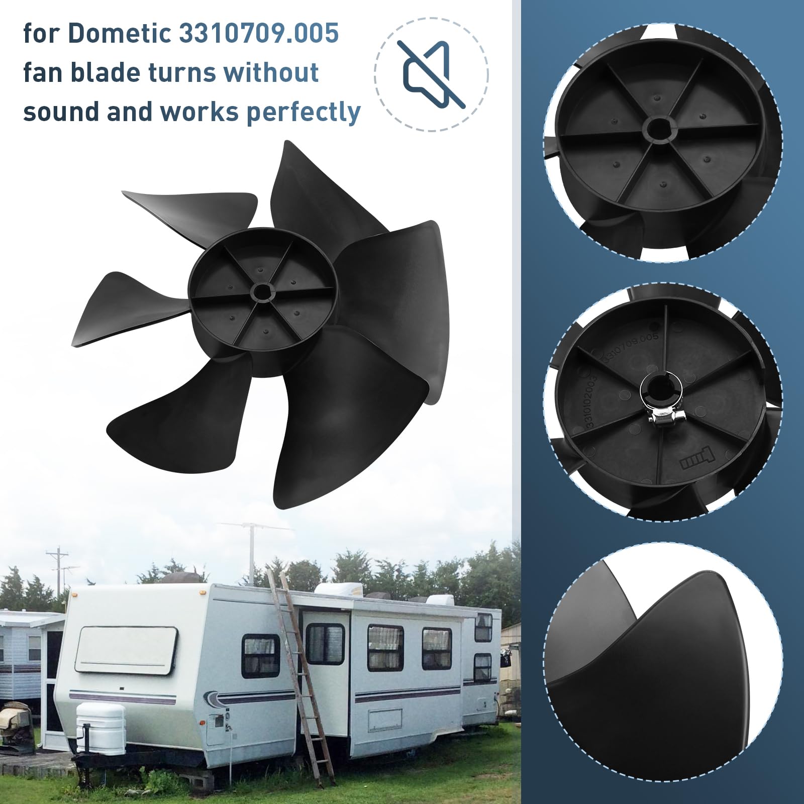 GEAIN lifestyle shot on an RV rooftop showing the fan blade in context for maintenance and repair