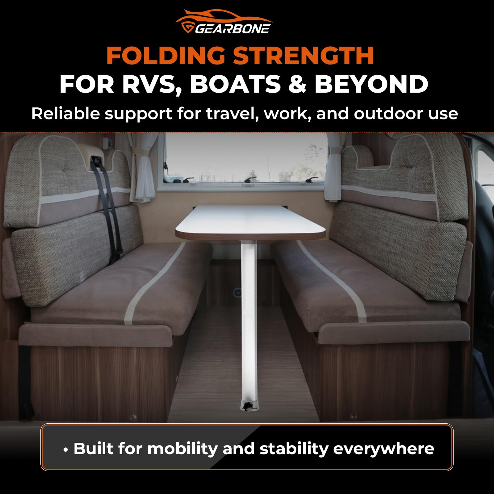 GEARBONE table leg on boat deck demonstrating rust-resistant use