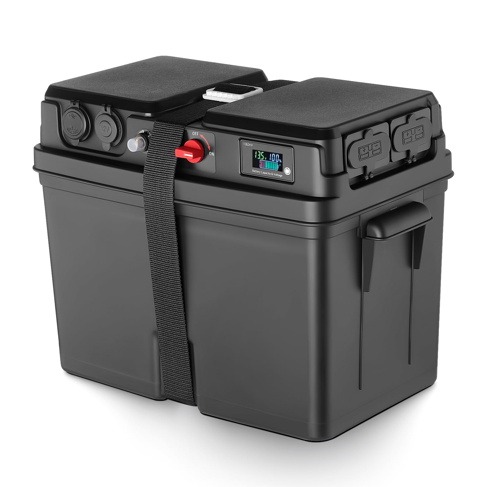 GEARMEISTER front view of battery box showing secure enclosure and ports for organized power