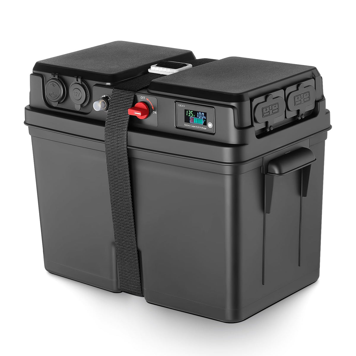 GEARMEISTER front view of battery box showing secure enclosure and ports for organized power