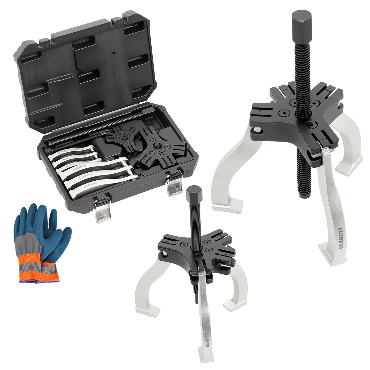 GEAROLL front view of 3" and 7" pullers showing kit versatility and space-saving benefit