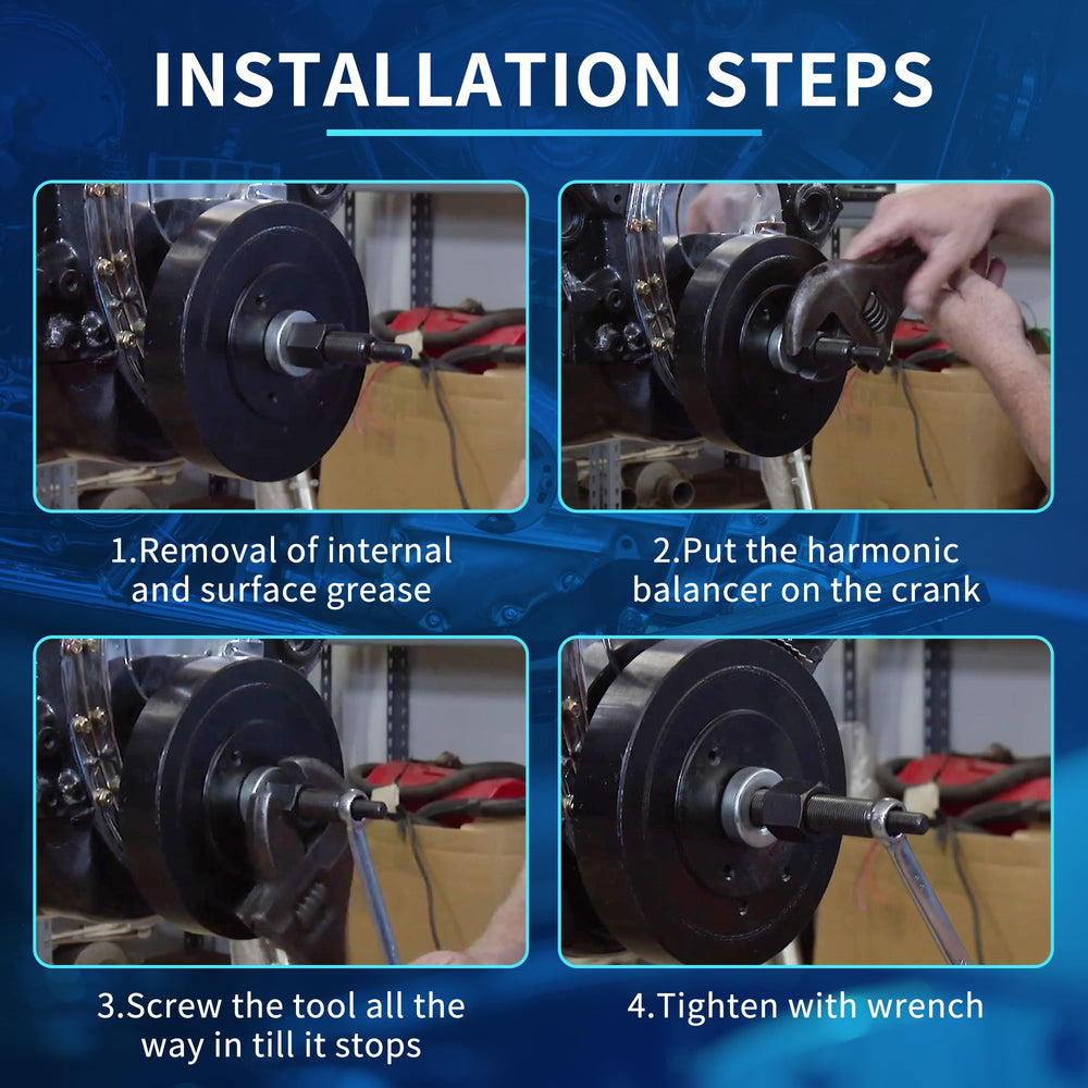 GEAROLL installer mounted on Chevy crankshaft demonstrating safe balancer seating