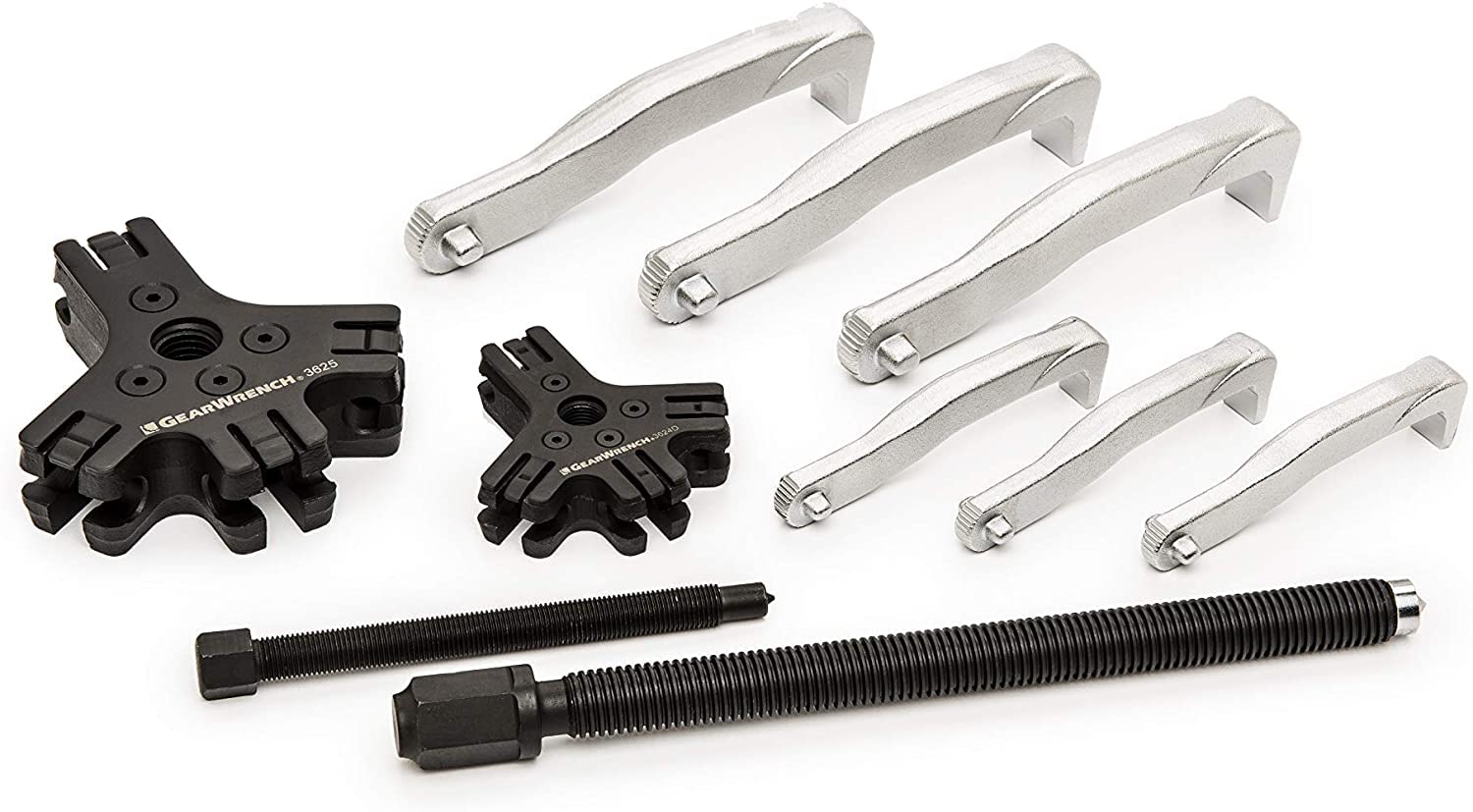 GEARWRENCH two-jaw external setup gripping a pulley edge for controlled extraction benefit