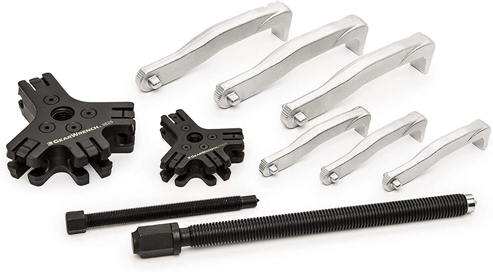 GEARWRENCH two-jaw external setup gripping a pulley edge for controlled extraction benefit