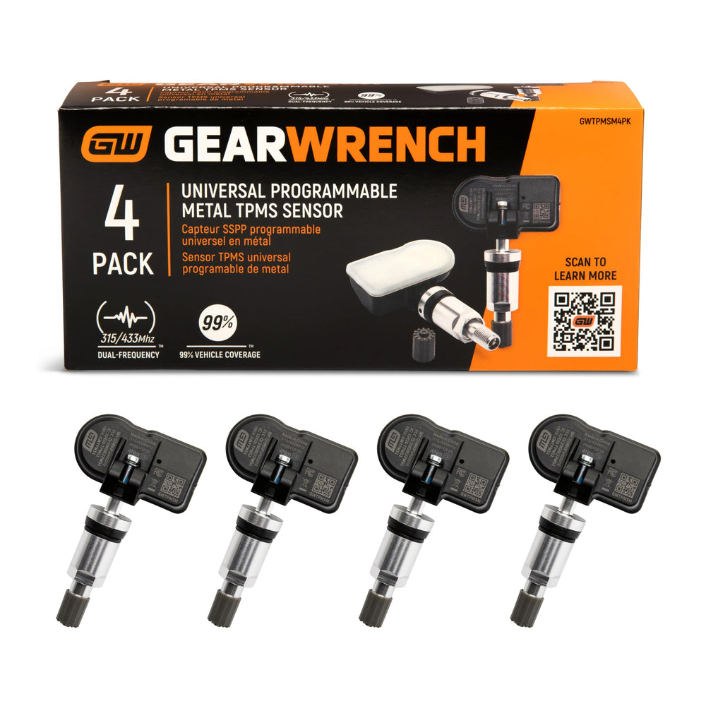 GEARWRENCH TPMS sensor front view showing robust metal housing and quick identification benefit