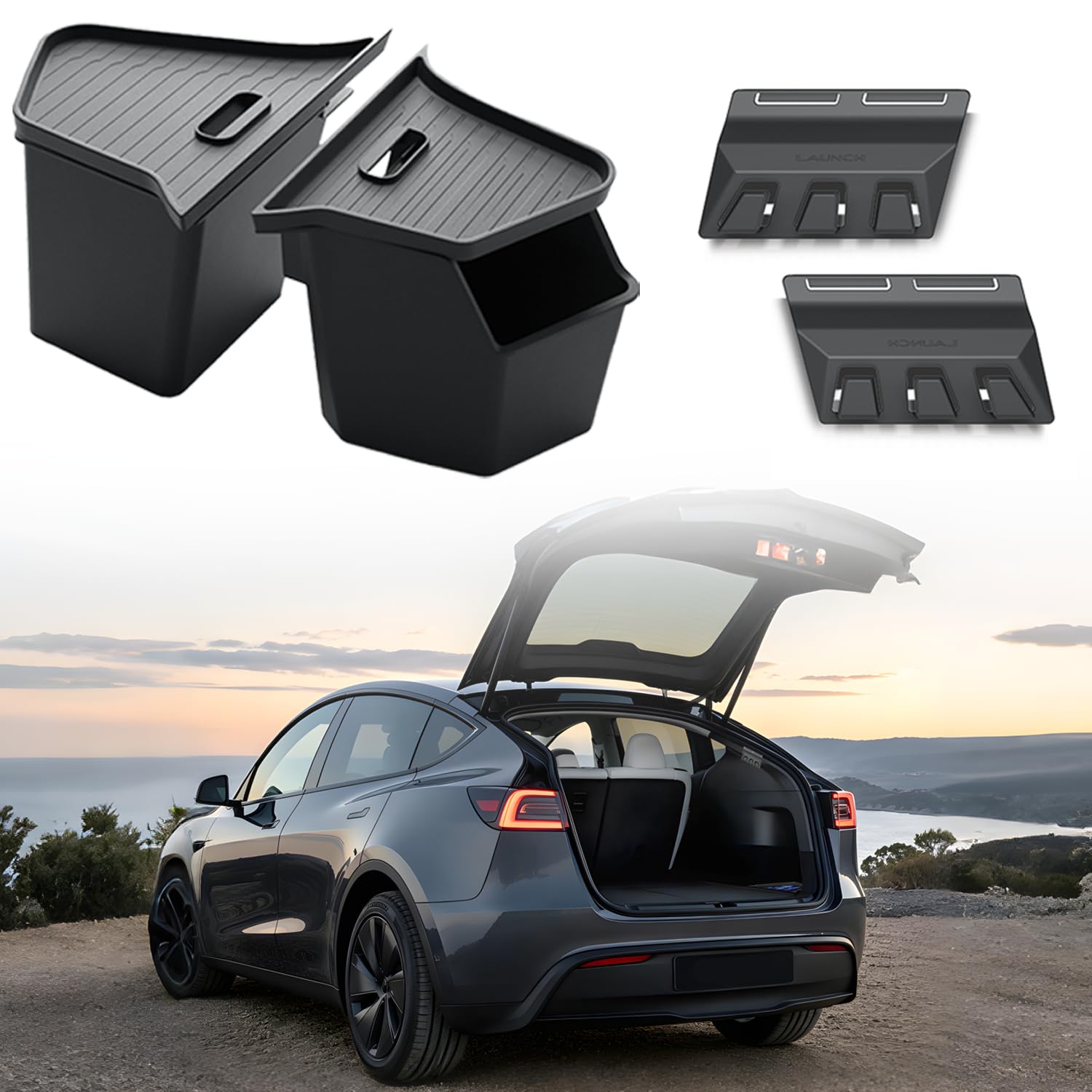 GEEDAR front view of Model Y Juniper trunk organizer showing clean fit
