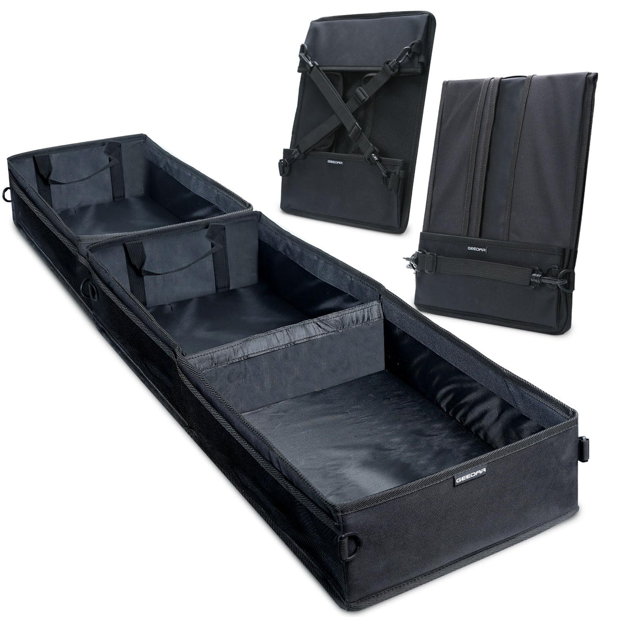GEEDAR front view of underseat organizer showing neat compact profile and secure storage
