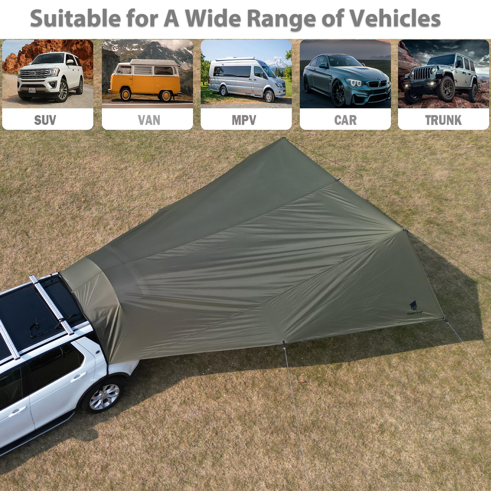 GEERTOP campsite scene with awning showing comfortable protected outdoor living