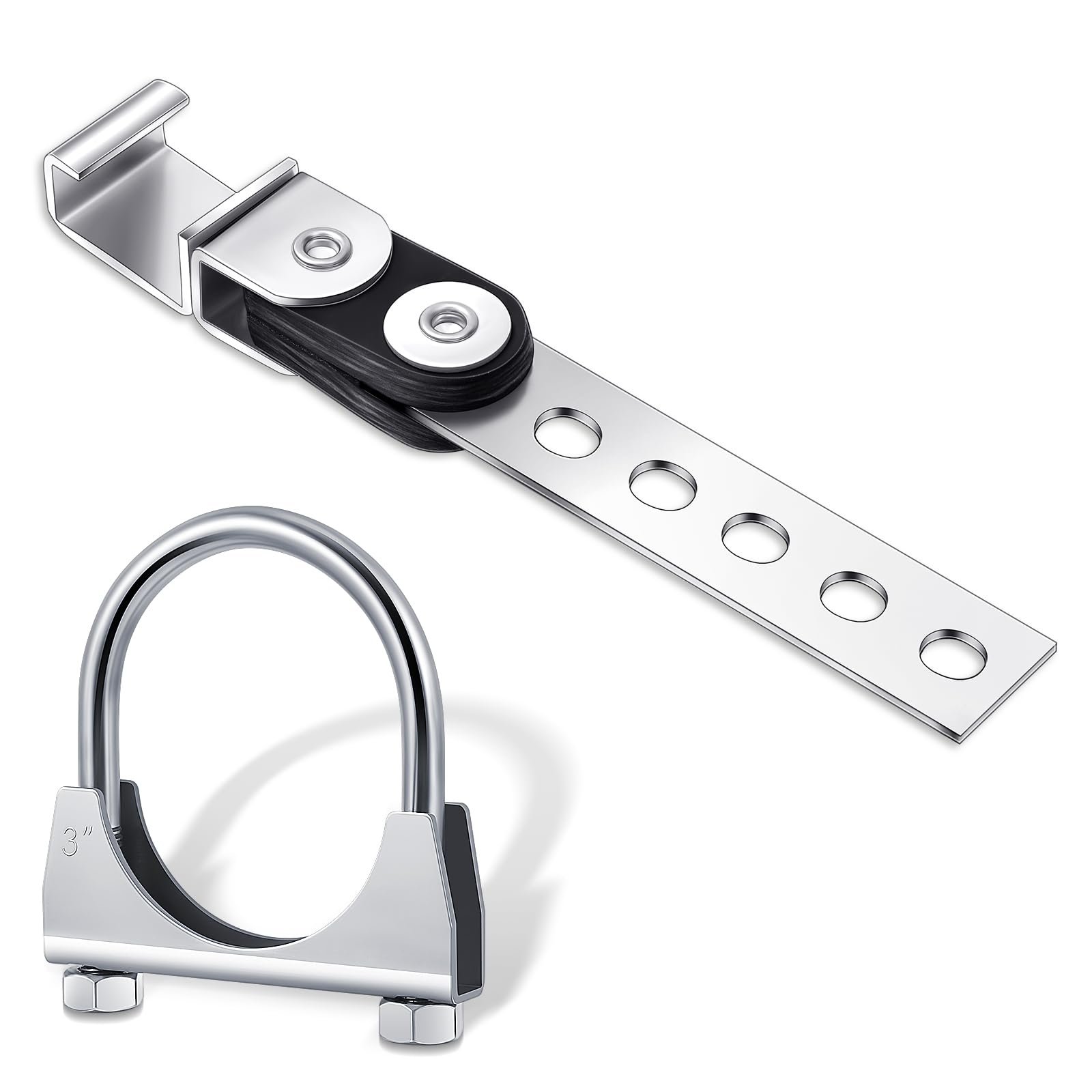 Geetery front view of hanger set showing silver bracket and U-bolt, durable support