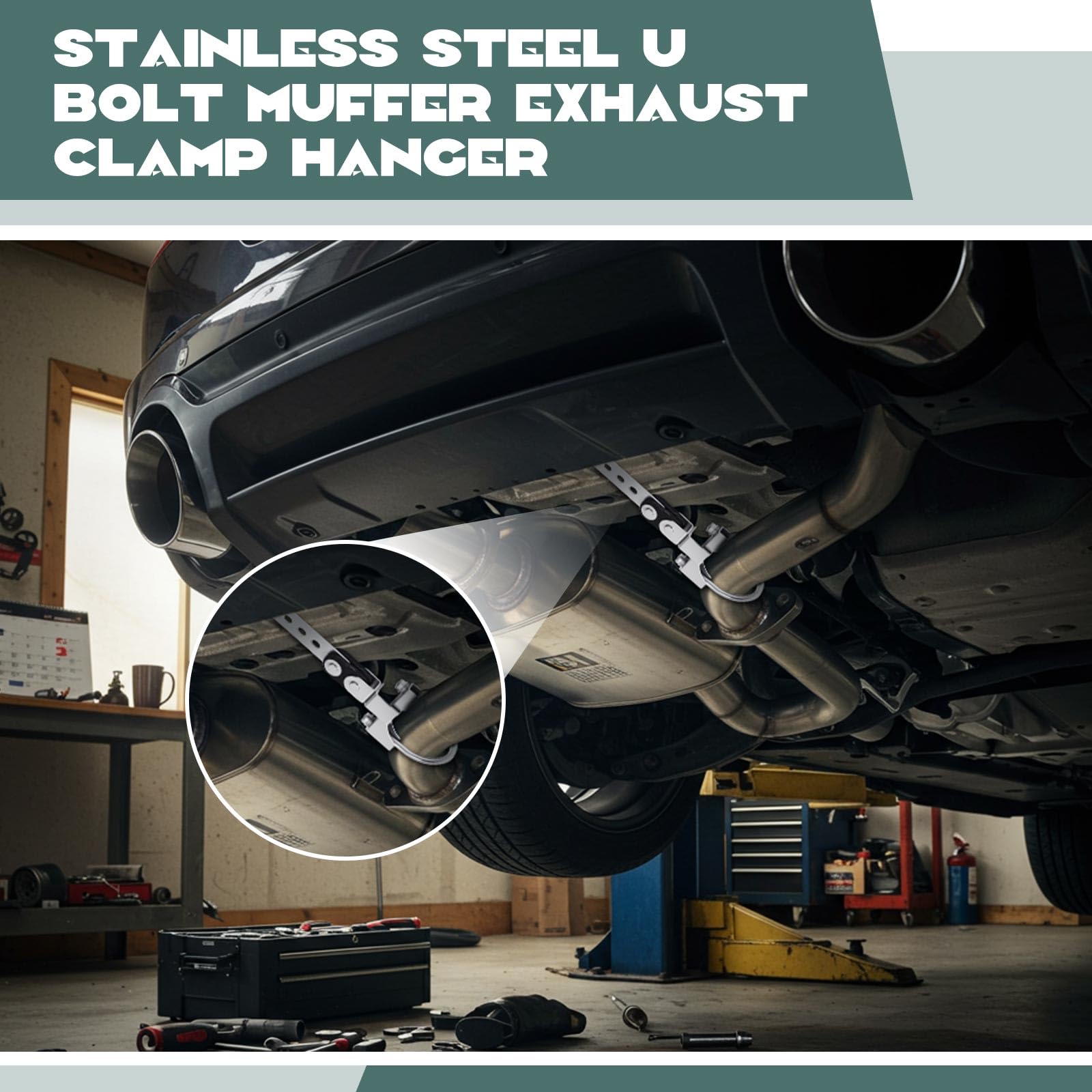 Geetery hanger installed under car showing stable muffler support and neat fit