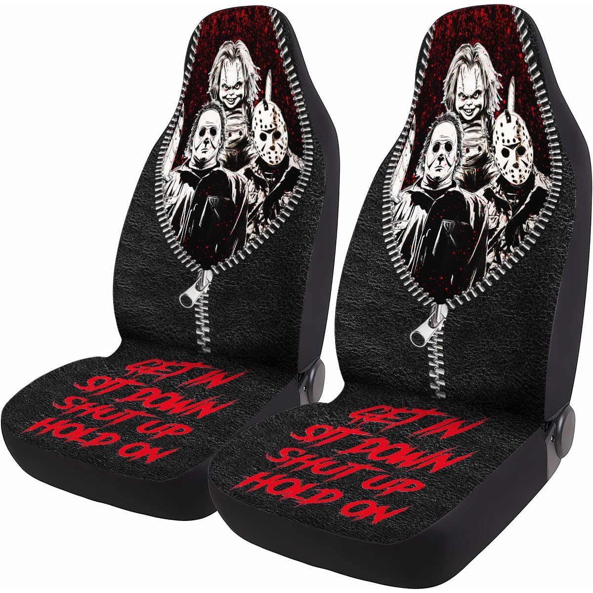 GENANY front seat covers straight-on view showing masked horror design and protection