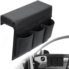 Generic black leather armrest bag front view showing neat fit and easy access - Generic brand benefit: organized storage