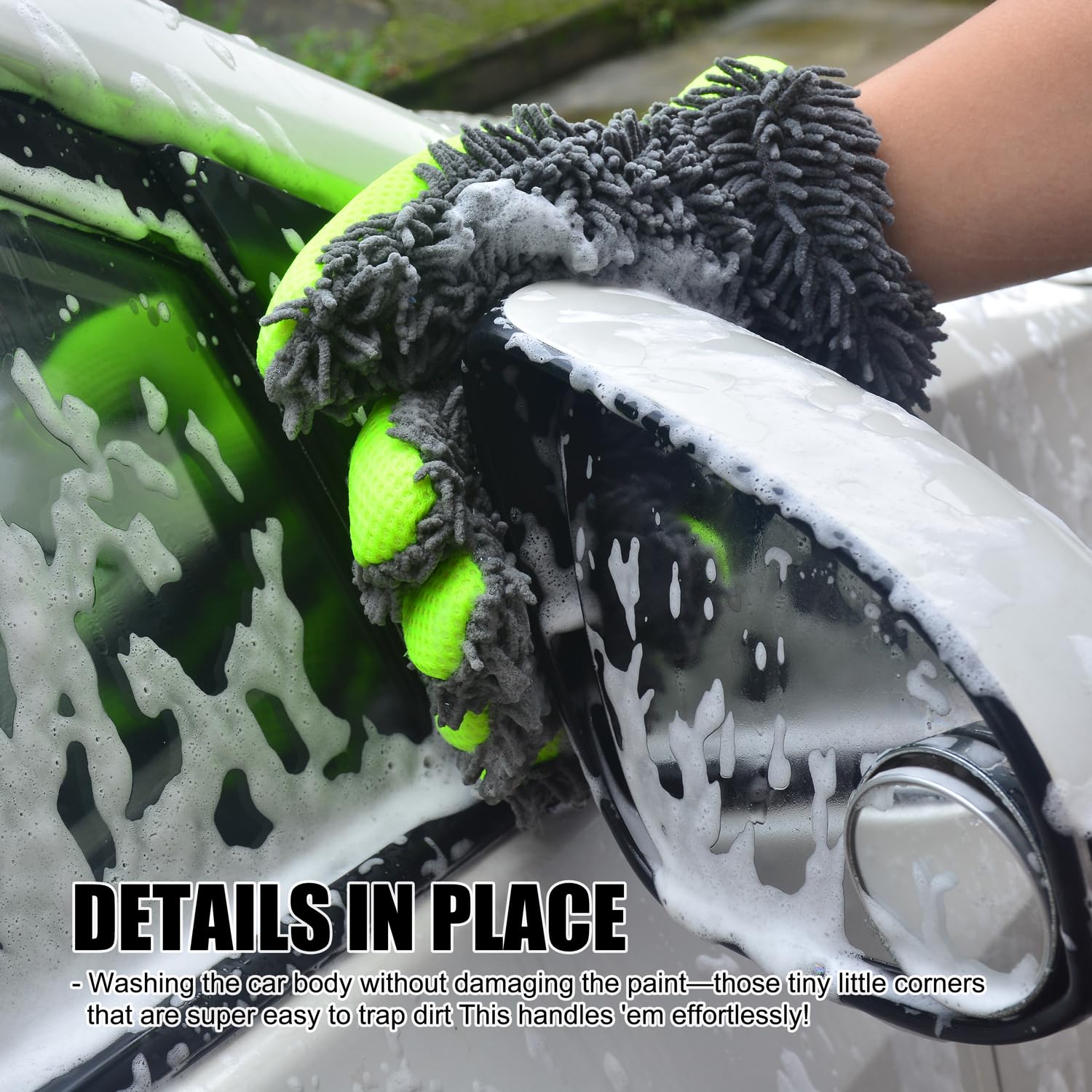 Generic chenille mitt in driveway wash scene demonstrating versatile use