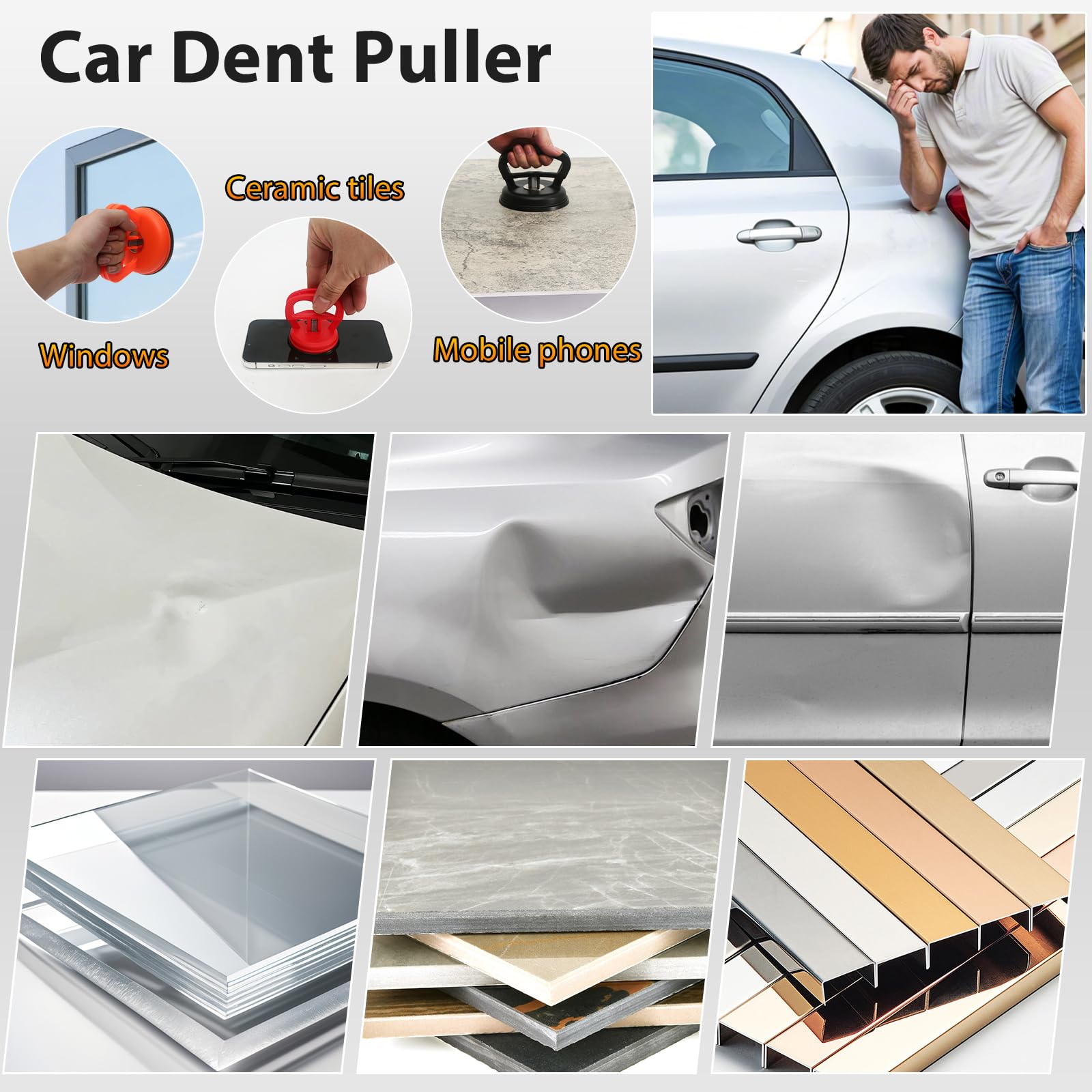 Generic dent puller in use on car door showing paint-safe dent removal benefit