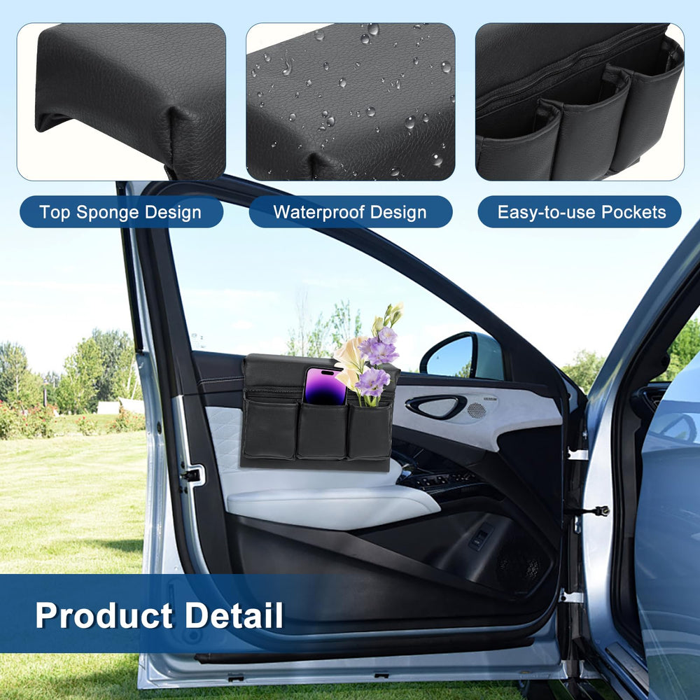 Armrest bag installed on car door window sill showing secure placement - Generic brand benefit: keeps items reachable