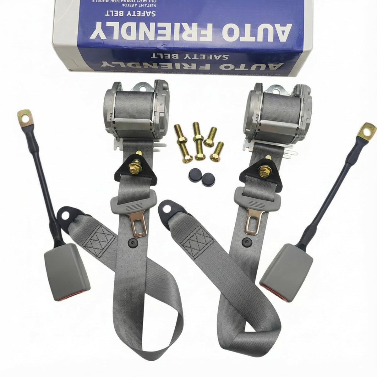 Generic front view of gray seat belt pads showing clean design and comfort
