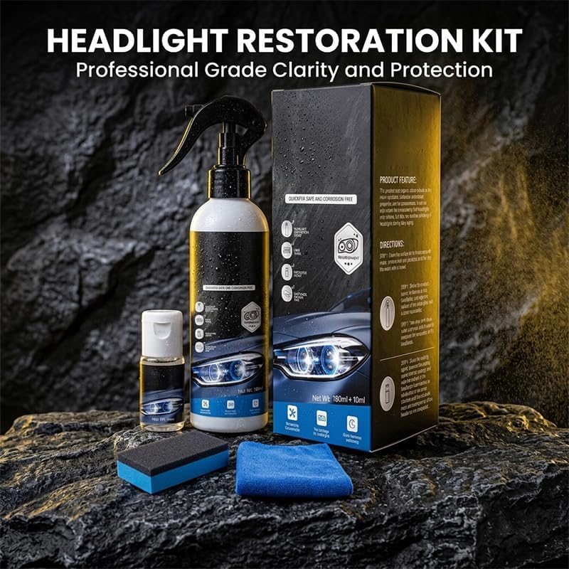 Generic headlight restoration spray bottle closeup for fast oxidation removal