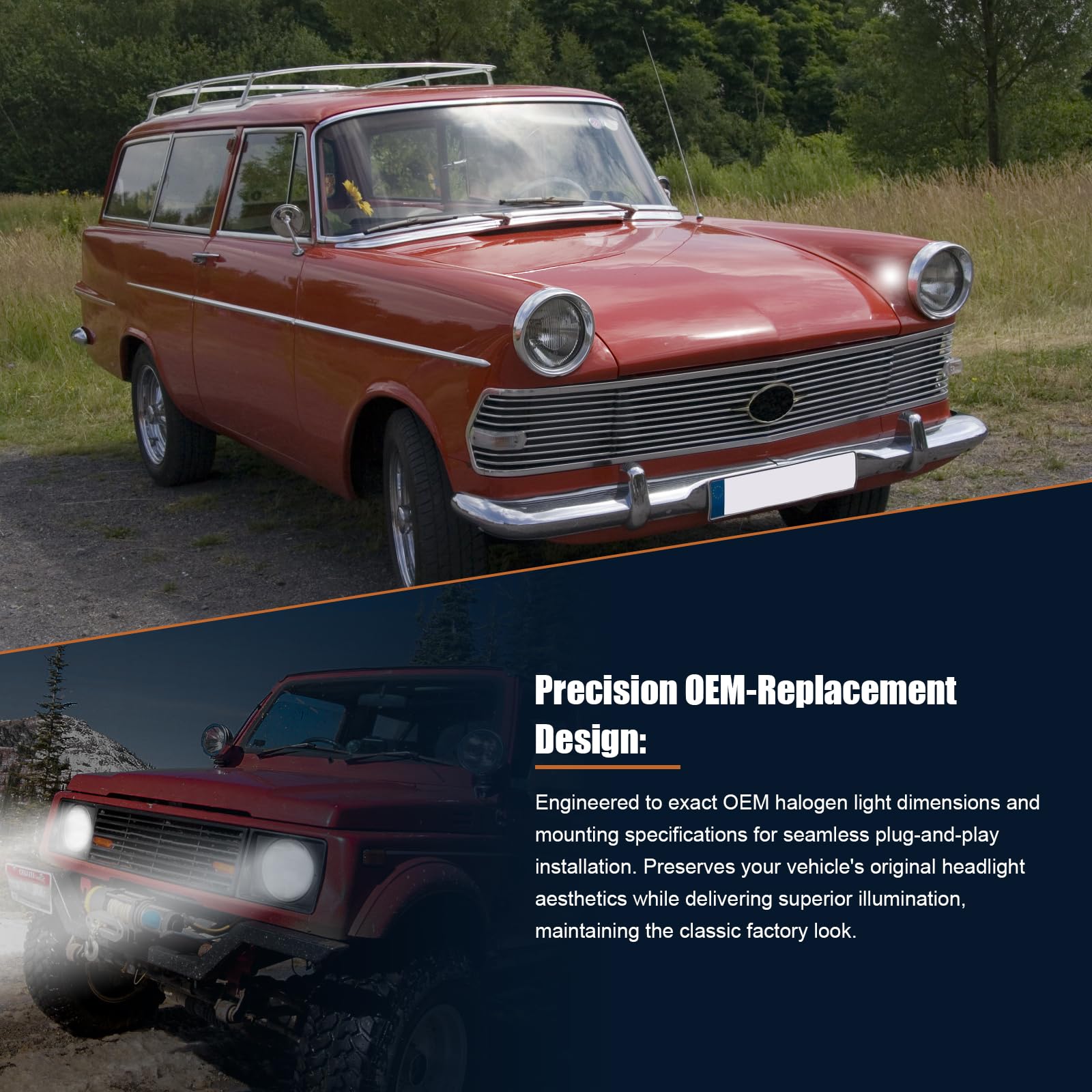 Generic headlight installed on a vintage car improving appearance and nighttime sightlines