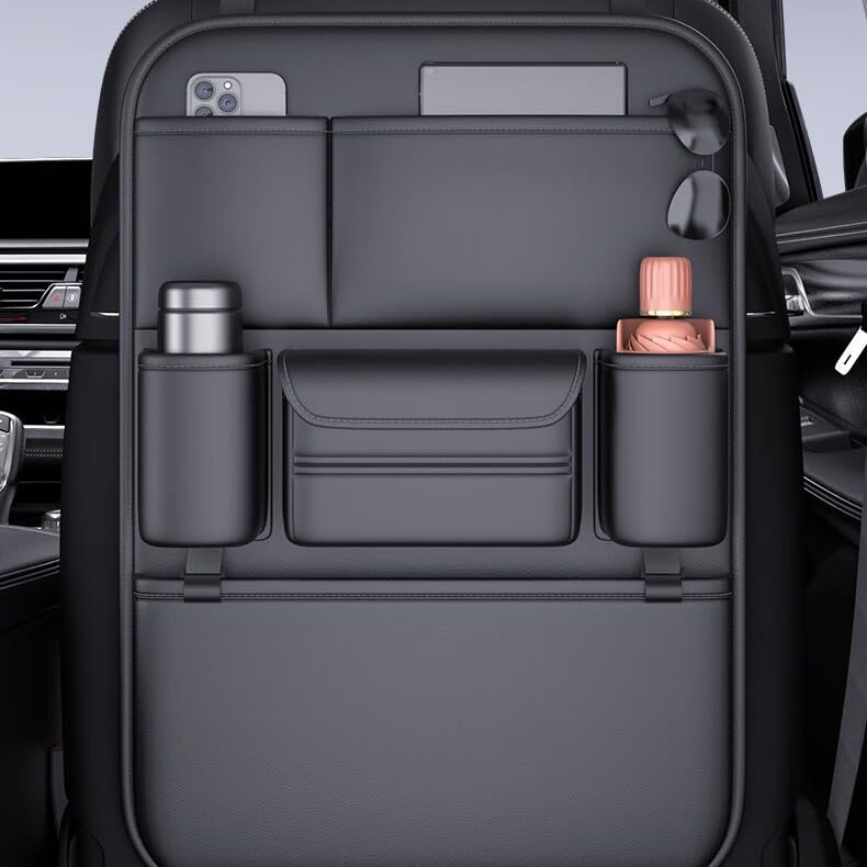 Generic leather organizer front view showing pockets and clean fit - protects seats