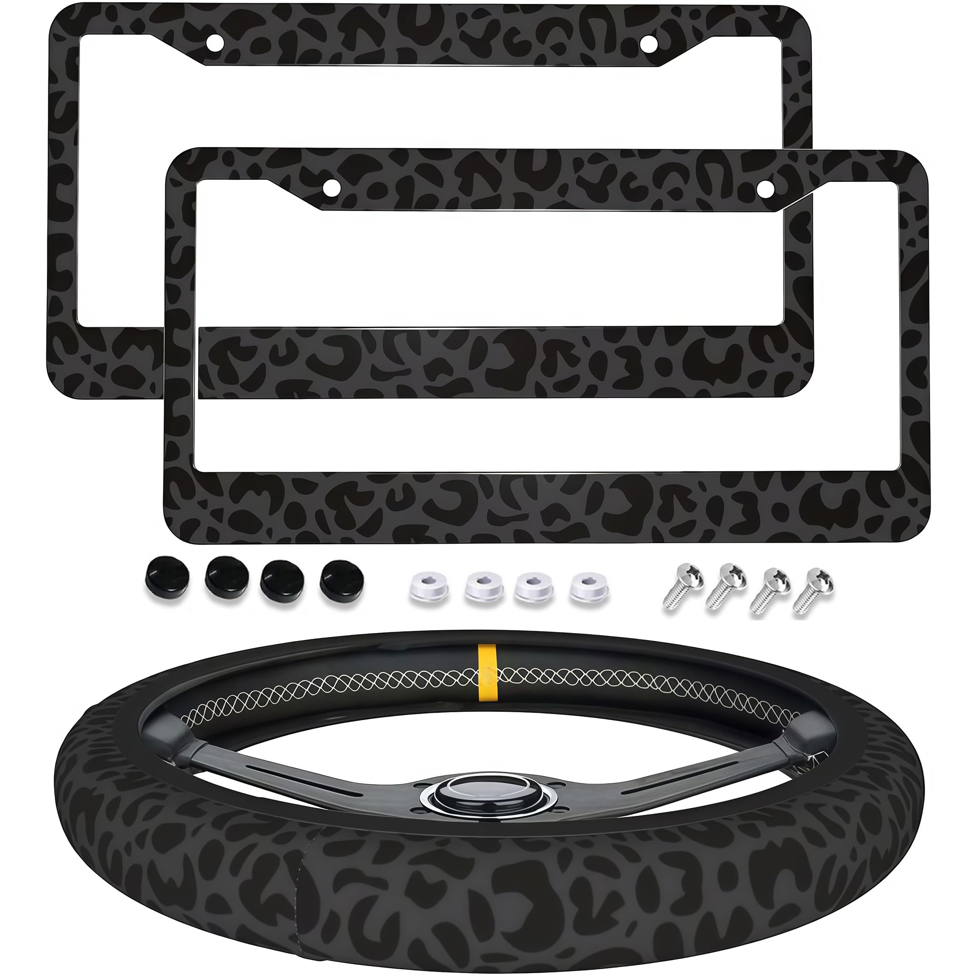 Generic leopard print license plate frames front view showing durable aluminum and stylish look