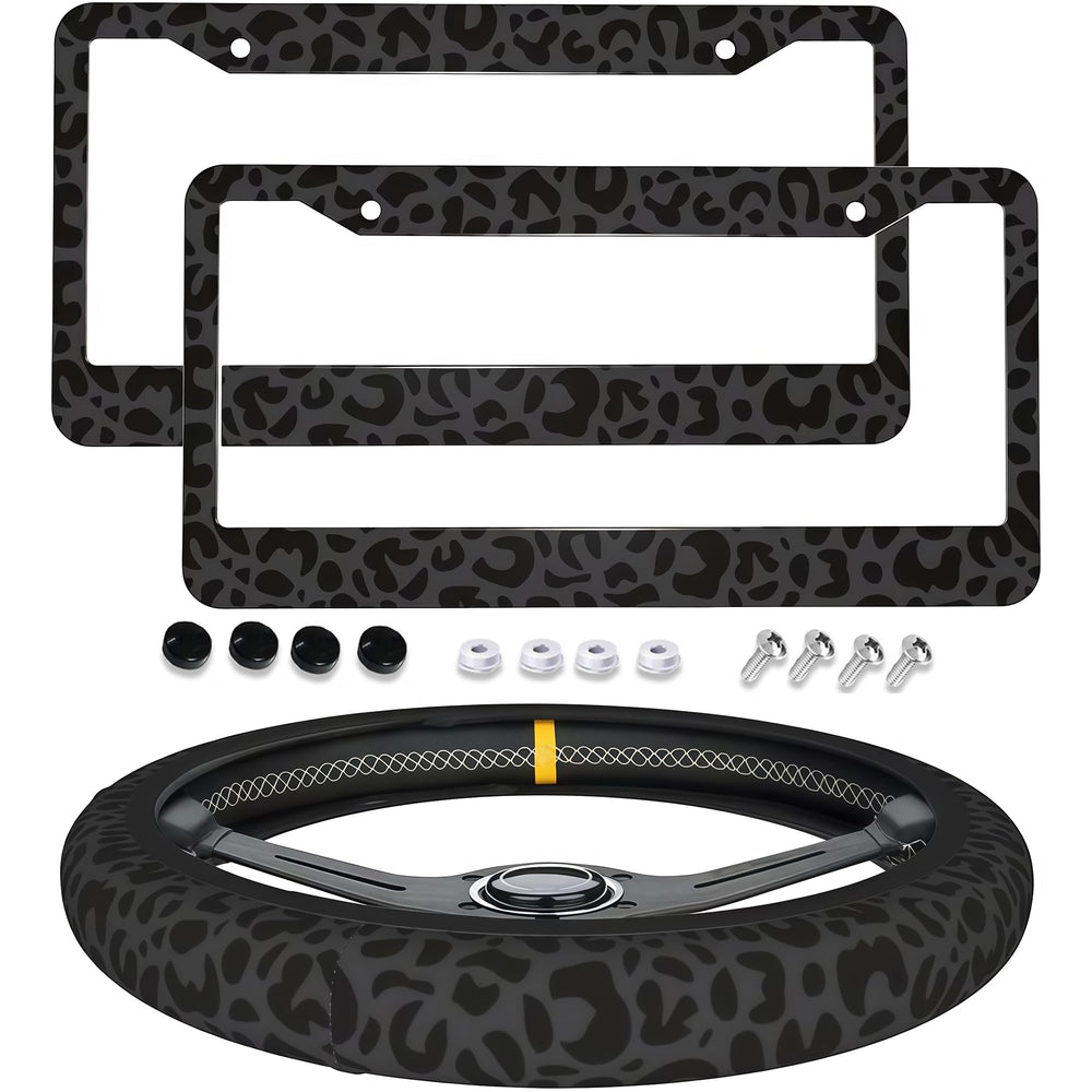 Generic leopard print license plate frames front view showing durable aluminum and stylish look