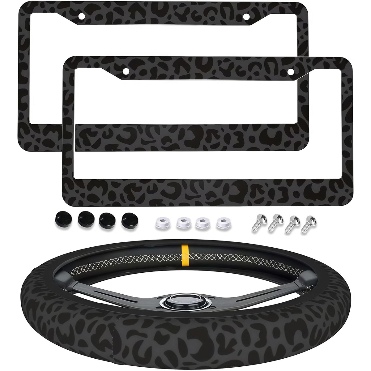 Generic leopard print license plate frames front view showing durable aluminum and stylish look