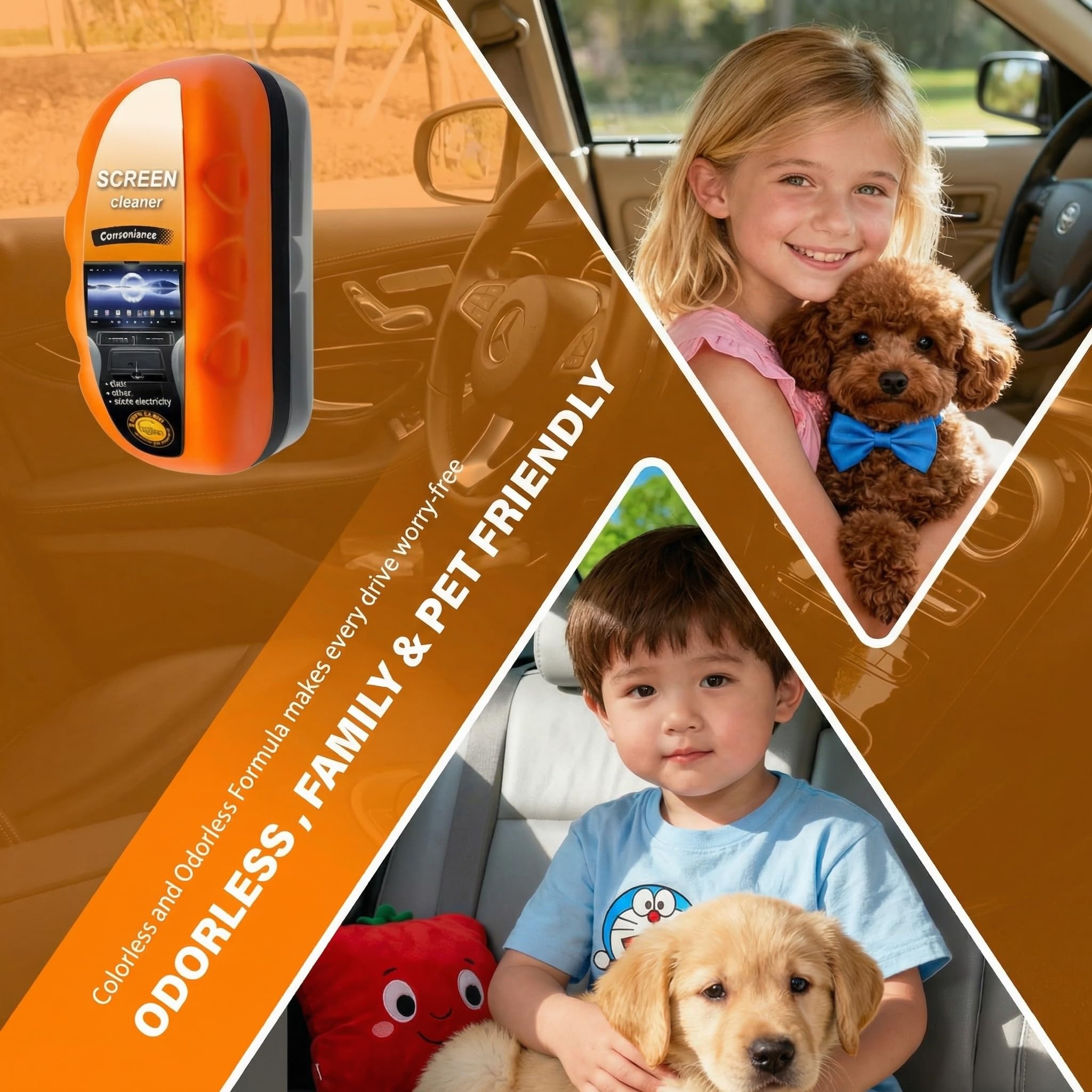 Generic driver using cleaner in car showing safer, clearer touchscreen visibility