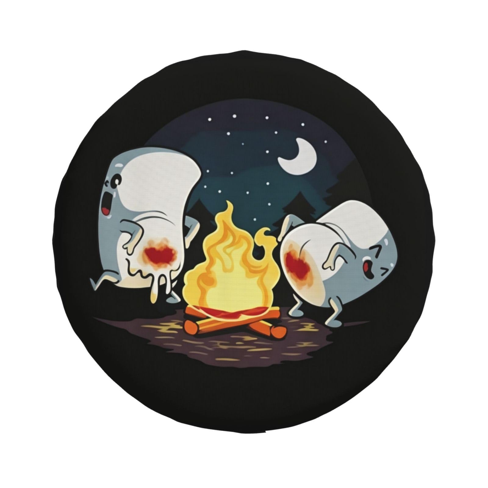 Generic spare tire cover front view showing campfire marshmallow design and added style