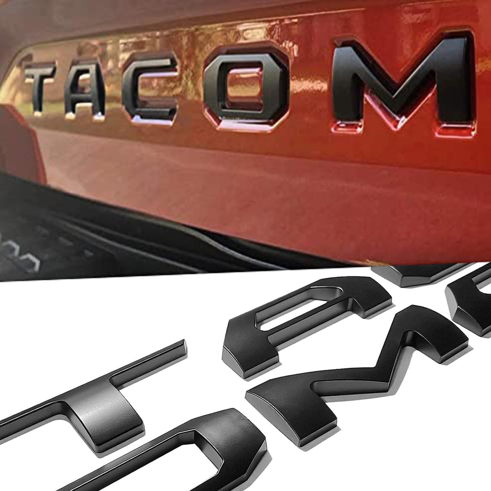 Generic matte black ABS letters front view showing clean fit and enhanced rear look for Tacoma