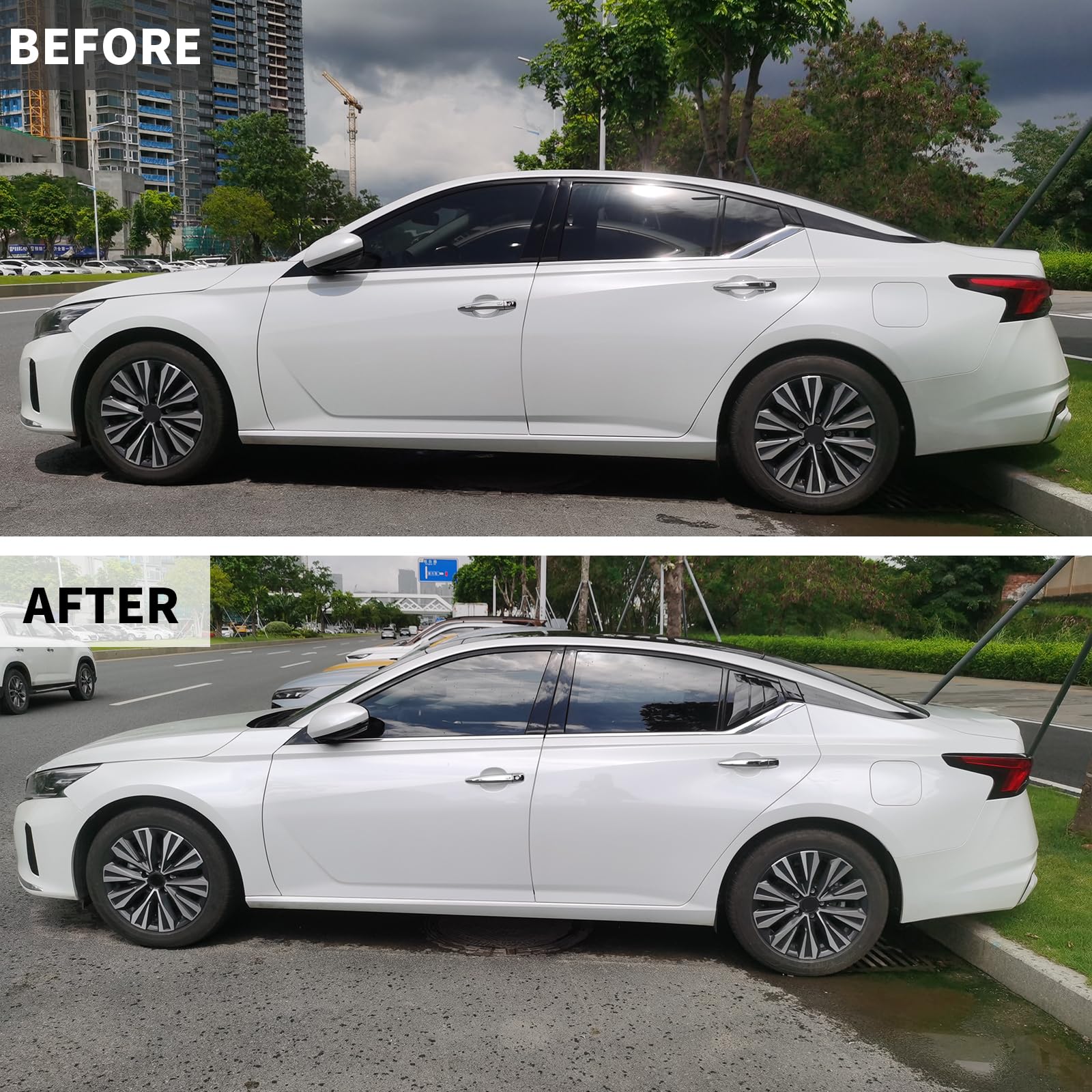 Generic louvers installed on Altima in driveway showing street-ready style