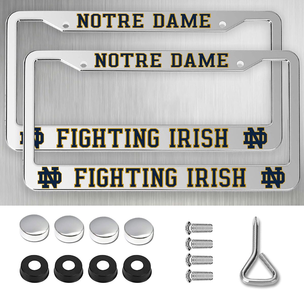 Generic frame front view showing Notre Dame branding and durable silver finish