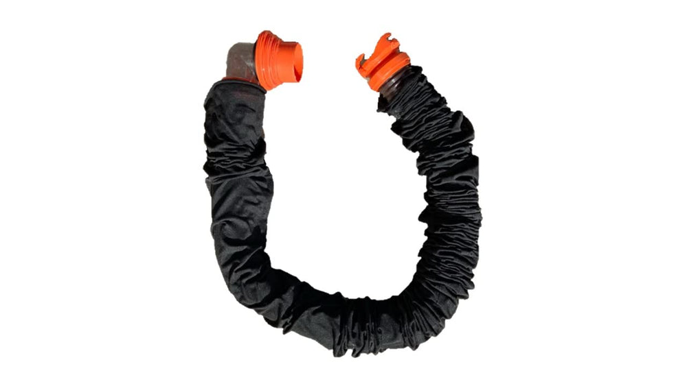 Generic brand sock stowed with hose in an RV compartment for compact storage