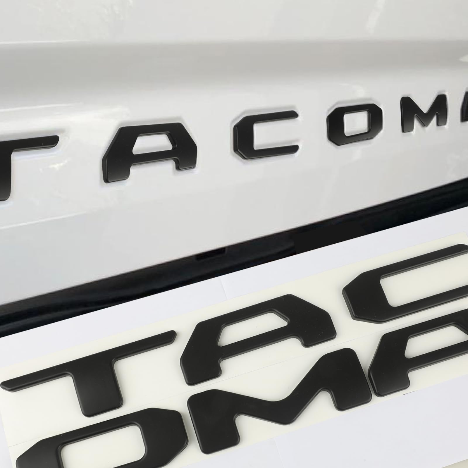 Generic matte black tailgate insert letters front view showing precise fit benefit