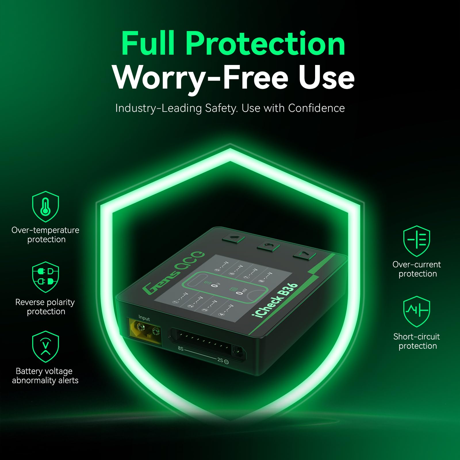 Gens ace iCheck B36 connected to LiPo pack showing per‑cell voltages, safety check benefit