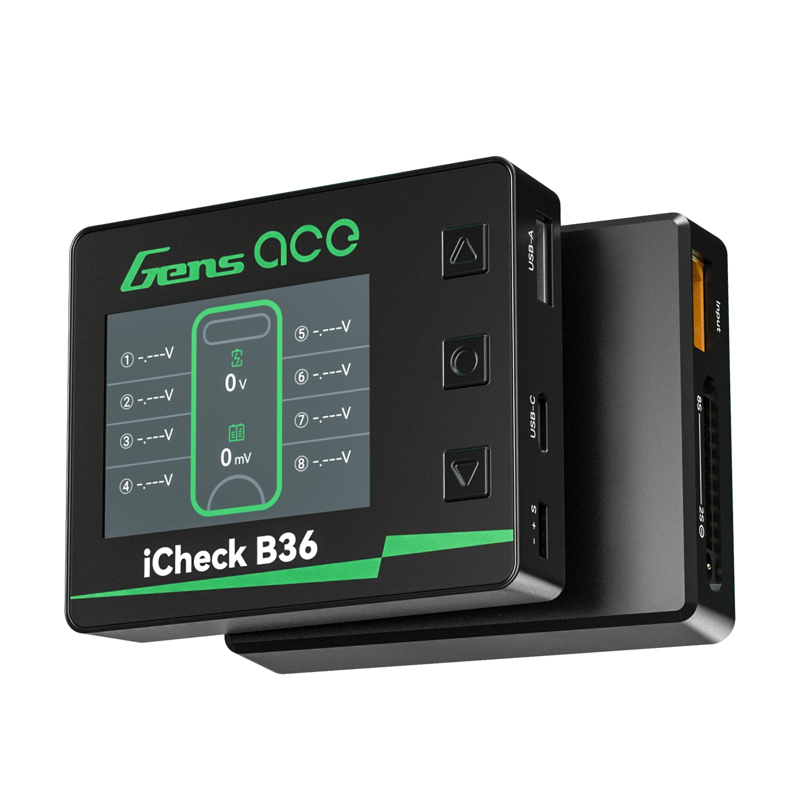 Gens ace iCheck B36 front display showing voltages and balance, quick monitoring benefit