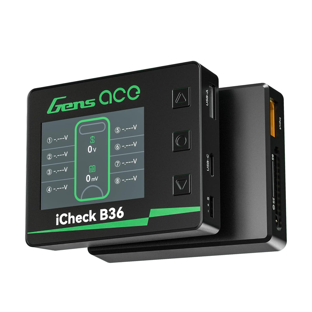 Gens ace iCheck B36 front display showing voltages and balance, quick monitoring benefit
