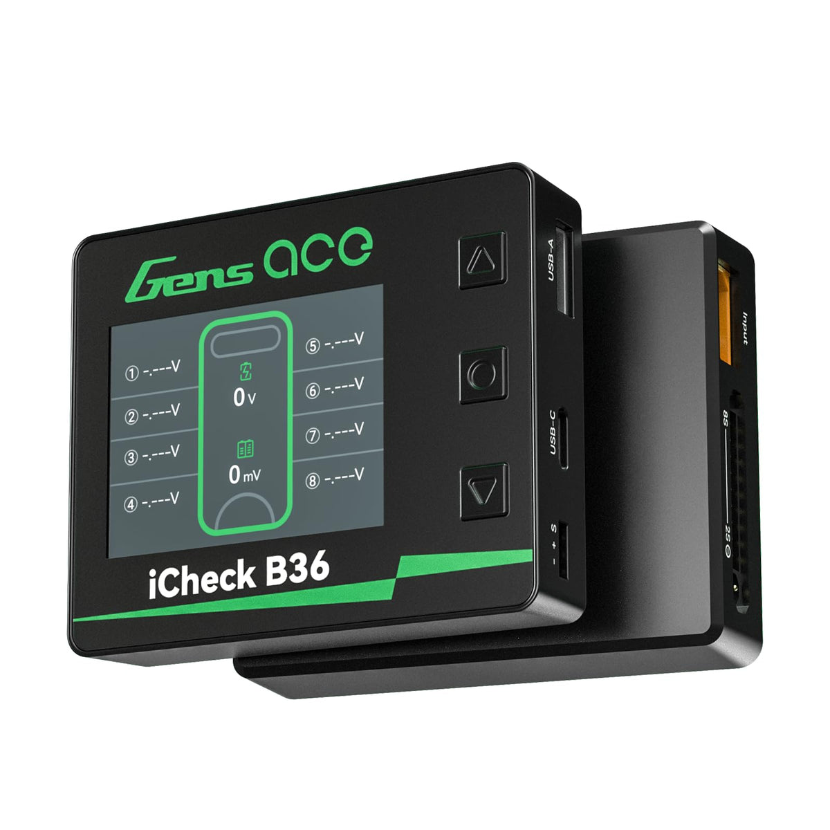 Gens ace iCheck B36 front display showing voltages and balance, quick monitoring benefit