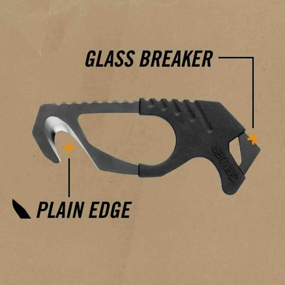 Gerber close-up of 420HC hook blade demonstrating safe protected cutting