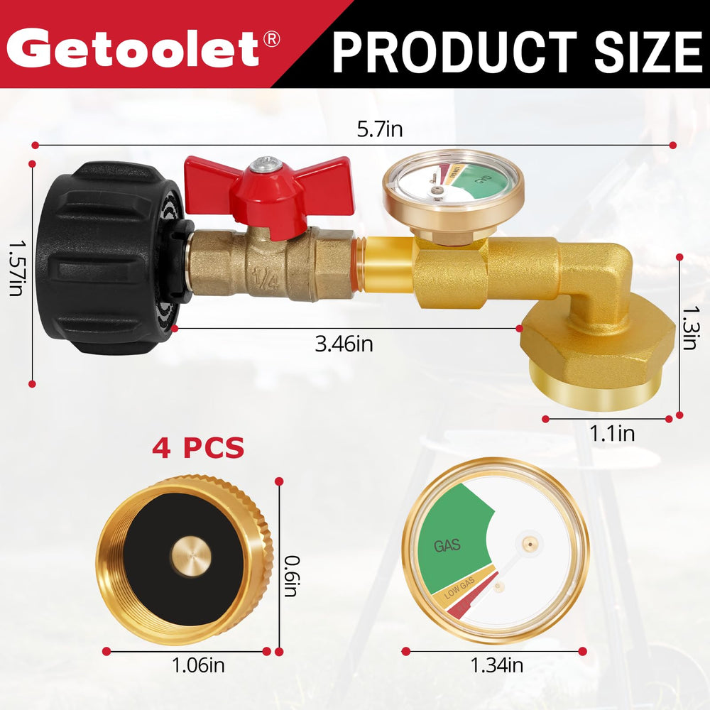 Getoolet kit contents with four caps and sealing tape to prevent leaks after refilling