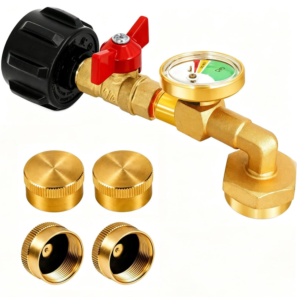 Getoolet front view of adapter showing compact brass elbow and connector, enabling fast refills