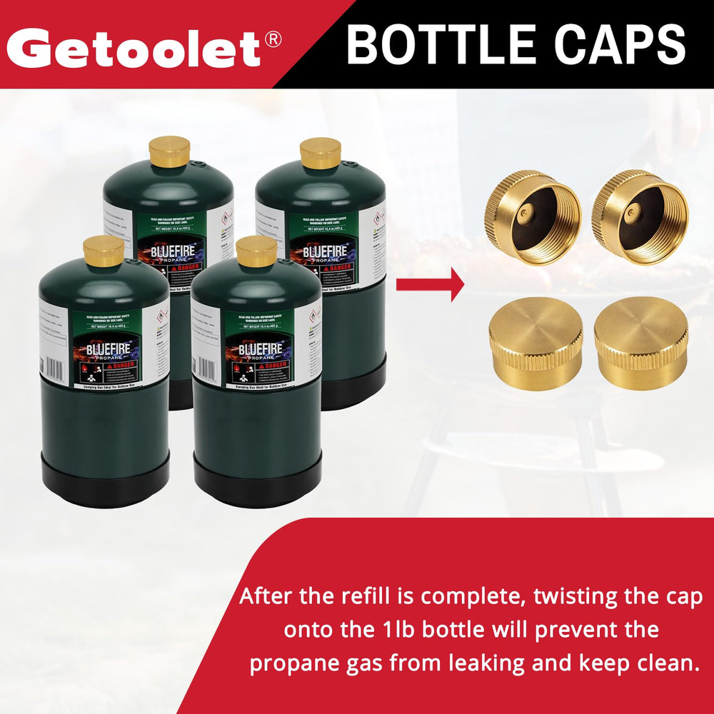 Getoolet adapter next to a 1 lb bottle and a 20 lb tank for clear size and scale comparison